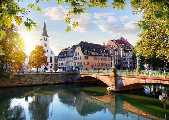 Old town of Strasbourg with half-timbered houses and canals, surrounded by green trees, under a blue sky.