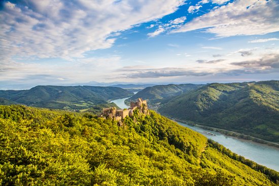 Eine malerische Flusslandschaft in der Wachau mit bewachsenen Hügeln, einem Schloss und einem vorbeifahrenden Flusskreuzfahrtschiff auf der Donau.