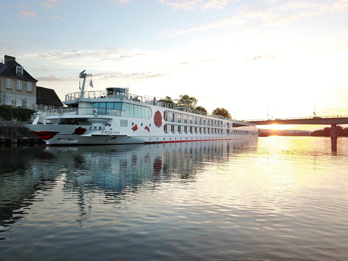 River cruise ship A-ROSA VIVA on the shore at sunset with a bridge in the background.