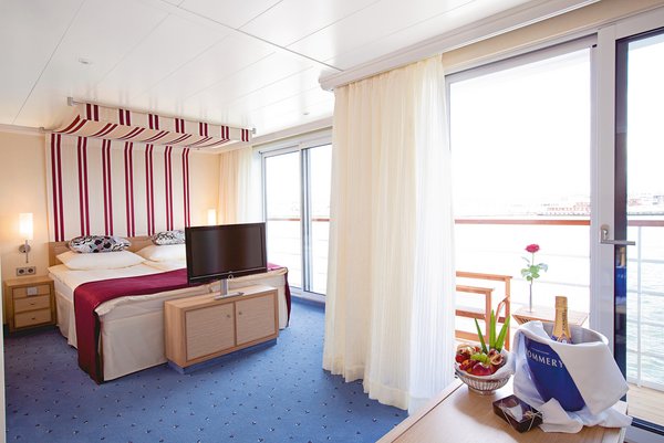 Inside view of the cabins in category F on the A-ROSA SILVA with balcony and french balcony.