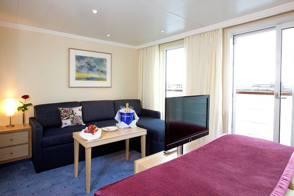 Inside view of the cabins in category E on the A-ROSA SILVA with french balcony.