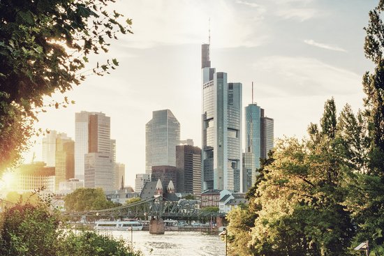 View from a park across the River Main to the Frankfurt skyline at sunset, with skyscrapers and a bridge.