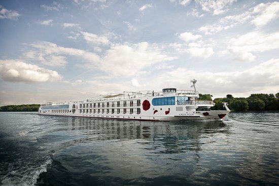 The A-ROSA AQUA sails past a row of trees on the Rhine under a blue, slightly cloudy sky.