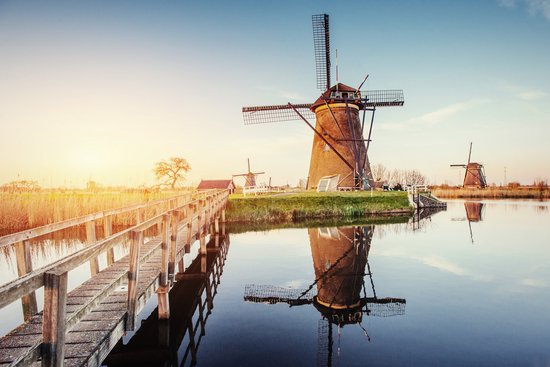 Traditional Dutch windmills in a green landscape with a blue sky by the canal of Rotterdam. In the foreground, a narrow wooden bridge over the canal.
